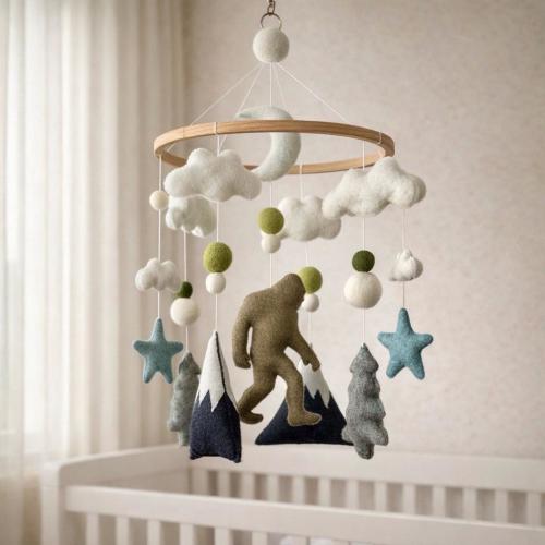 Felt Bigfoot Baby Mobile, Woodland Sasquatch Nursery Decor, Mountains Stars Clouds