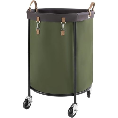 StorageWorks 170L Rolling Laundry Basket, Clothes Hamper with Wheels, Round Clothing Cart with Steel Frame and Removable Bag, 4 Casters and 2 Brakes, Green, 1-Pack