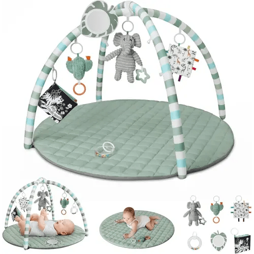 Blissful Diary Baby Play Gym Mat, Tummy Time Mat with 6 Detachable Toys for Stage-Based Sensory & Motor Skill Development, Baby Activity Mat Easy to Install & Clean, Baby Essentials Gift, Sage Green