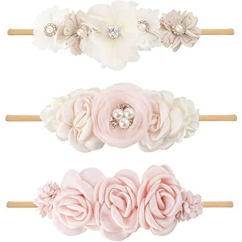 Baby Girl Floral Headband Nylon Flower Crown Elastic Hairband 3pcs Hair Accessories Gift for Girls, YM7, stretchy size