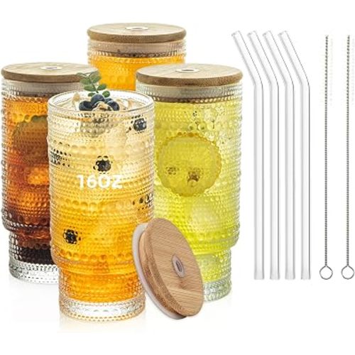 KEMORELA 16oz Hobnail Drinking Glasses with Lids and Straws,4 pack Vintage Glasses Tumbler Cups for Iced Coffee,Tea Glasses,Beer,Cocktail,Ideal for Whiskey,Slip-resistant Embossed Surface