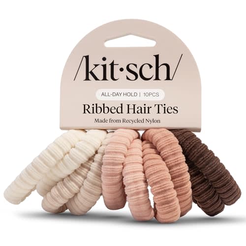 Kitsch Ribbed Hair Ties No Damage - Blush, 10pcs | Strong, Stretchy & Snag-Free Hair Bands Soft Fabric Ponytail Holders, Stylish Elastics for Everyday Hairstyles