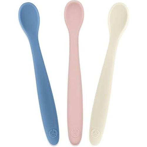 WeeSprout Silicone Baby Spoons - First Stage Infant Feeding Utensils With Soft-Tip, Bendable Kitchenware for Parent & Self-Feeding, Ultra-Durable, Dishwasher Safe, Travel Case, Set of 3