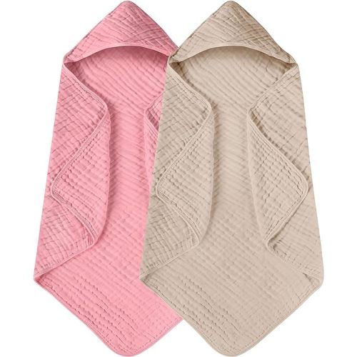 Yoofoss Hooded Baby Towels for Newborn 2 Pack 100% Muslin Organic Cotton Baby Bath Towel with Hood for Babies, Infant, Toddler and Kids, 32x32Inch, Soft and Absorbent Newborn Essential,Bge& Bean Paste