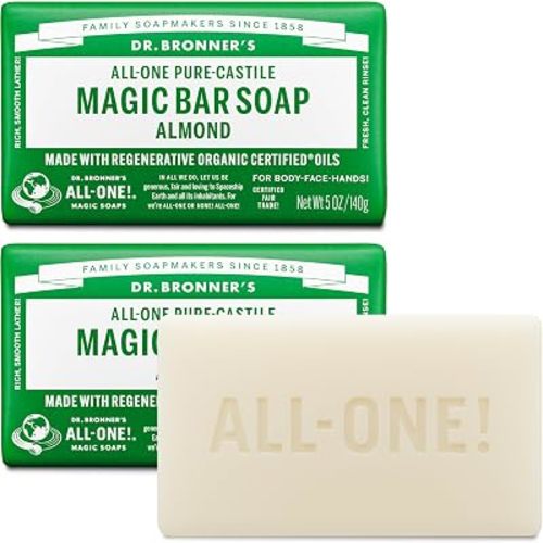 Dr. Bronner's Pure-Castile Magic Bar Soap - Made with Regenerative Organic Certified Oils - For Face, Body, Hair - Gentle Cleanse - Vegan Bath Soap Bars for Men & Women - Almond, 2 pack, 5 oz