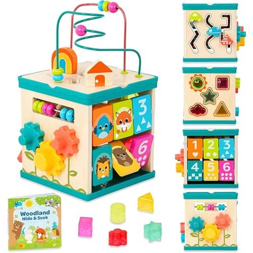 B. toys – Activity Cube – Educational Storybook Included – Wooden Shape Sorter, Bead Maze, Animal Tiles – Top Flips for Compact Storage – 12+ Months – Lil' Learning Cube