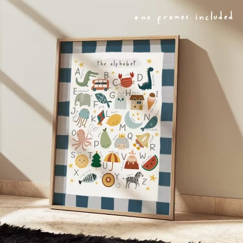 Educational alphabet chart print with navy border, colourful playroom toddler room wall art