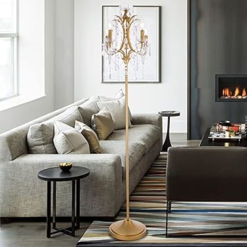 TOCHIC 5-Light Farmhouse Tranditional Crystal Floor Lamp, Gold Craft Candelabra Lighting Fixture 65'' Tall for Living Room, Dining Room, Entryway, Bedroom