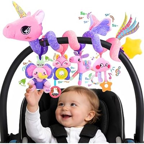 Musical Car Seat Toy for Babies 0-12 Months Girl, 5-in-1 Sensory Activity Hanging Toy Stroller Toy with Soothing Music, Rattle, Mirror for Newborn Infants Essential Easter Gifts, Unicorn