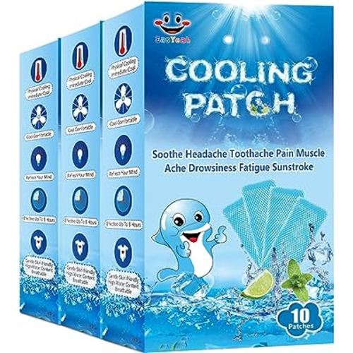 30 Sheets Cooling Patches for Fever Discomfort & Pain Relief, Cooling Relief Fever Reducer, Soothe Headache Pain, 10 Count Per Box (3 Boxes)