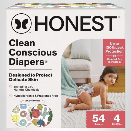 The Honest Company Comfort Dry Disposable Daytime Diapers for Sensitive Skin, Hypoallergenic, Fragrance-Free, Donut Grow Up + Cactus Cuties, Club Box, Size 4 (22-37 lbs), 54 Count