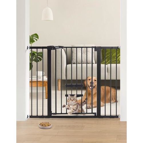 BABELIO 36 Inch Extra Tall Baby Gate with Cat Door, 29-48" Auto Close Pet Gate with Cat Door, Dog Gate for Stairs, Doorways and House, with Wall Cups, Black
