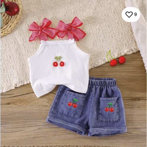 Baby Toddler Girl White Cherry Sleeveless Top and Denim Shorts 2-piece Set