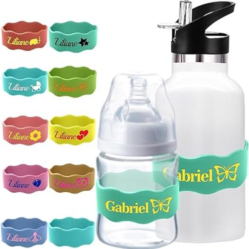 Custom Baby Bottle Labels for Daycare Personalized Silicone Water Bottle Name Tags Bands Customized Waterproof Reusable Bottle Grip Straps for Boys Girls Cups School
