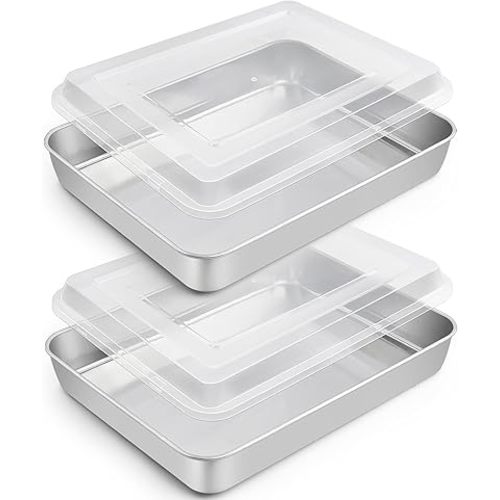 TeamFar Rectangular Cake Pans with Lids, 10.5’’ x 8’’ x 2’’ Stainless Steel Lasagna Brownie Pan For Baking Roasting, Healthy & Solid, Brushed Surface & Dishwasher Safe, (2 Pans+2 Lids)