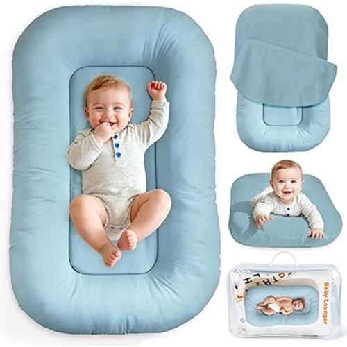 Baby Lounger & Snuggle Nest for Newborn 0-24 Months, Baby Nest Supervised Breathable Cotton for Newborn, Breathable Portable Infant Lounnger for Travel and Home, Blue (Lounger Cover Included）