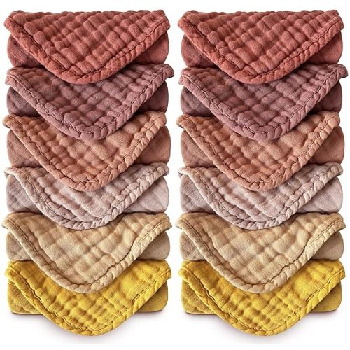 MOON PARK Baby Washcloths, 12 Pack - 12x12 Inches, Small Burp Cloths and Baby Wipes - 100% Cotton Muslin Ultra Soft for Newborn, Infant and Toddlers - Brown, Honey and Bean Paste Series