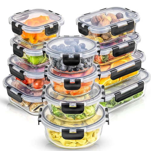 24pc(12 Airtight, Freezer Safe Food Storage Containers and 12 Lids), Pantry Kitchen Storage Containers, Glass Meal Prep Container for Lunch, Glass Storage Containers with Lids