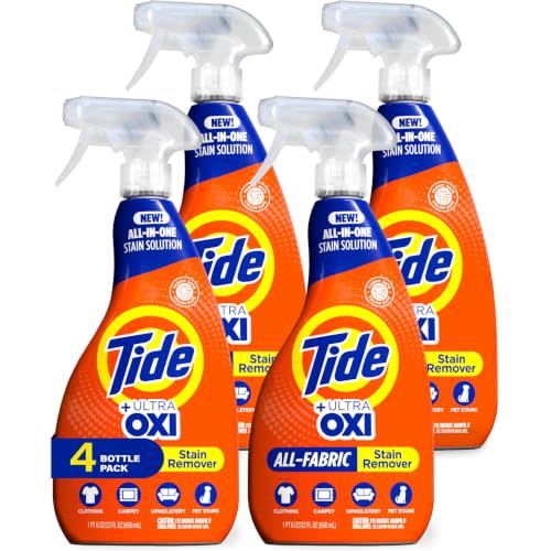 Tide Laundry Stain Remover Spray with Oxi | Stain Remover for Clothes, Carpet, Upholstery, Pet Bedding, & More | Stain Treater Spray for Tough Stains from Wine, Coffee, Grease | 22 Fl Oz (Pack of 4)