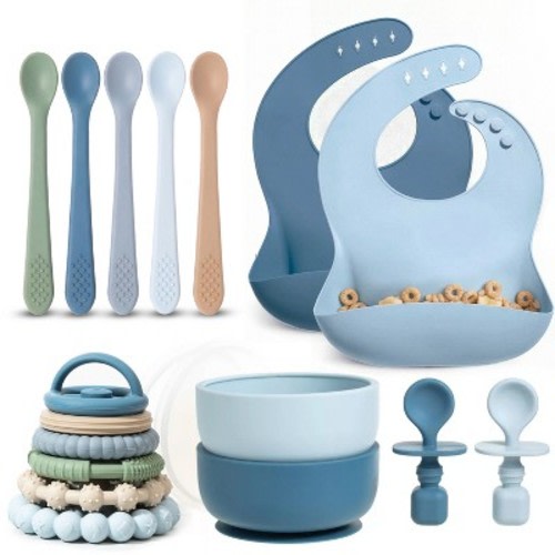 Silicone Baby Essentials Set – Blue Stacking Toy, Feeding Bibs, Suction Bowls with Spoons & First-Stage Spoons – BPA-Free, Safe for Infants & Toddlers