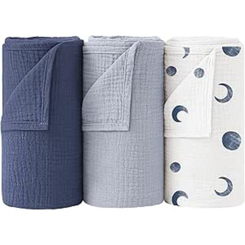 Bearmoss Muslin Swaddle Blankets, 40 x 38 inches Baby Swaddle for Boys and Girls, Soft Baby Blanket, 3 Pack Breathable Nursery Receiving Blankets (Bluemoon)