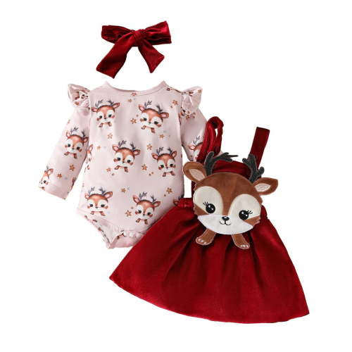 Coerni New Born Baby Girl Fall Winter Outfits Thanksgiving Christmas Clothes Long Sleeve Romper Suspender Skirt Set 3Pcs