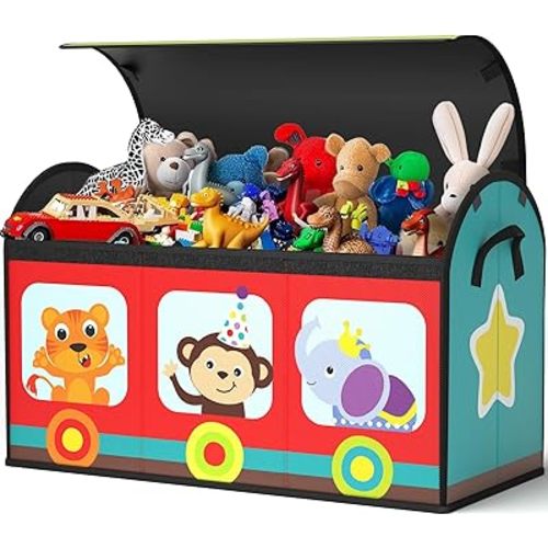 YOHOOLYO Toy Storage Organizer for Kids, 28.3x12.6x17.3 Large Sturdy Flip-Top Toy Box with Fabric Lid & Handles, Cute Train Design Toy Chest Bin Box Baskets for Playroom, Nursery, Boys, Girls
