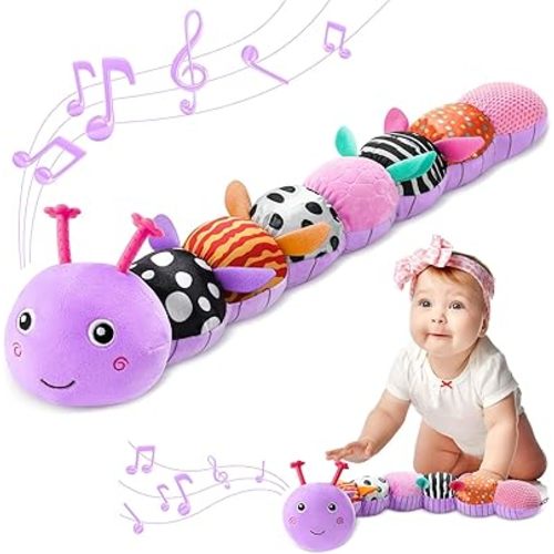 AWOTOY Baby Toys 0-6-12 Months,Musical Caterpillar Stuffed Animals Activity Infant Toys with Crinkle,Rattles,Muti-Teething Sensory Toy,Boy Girl Gifts for Newborn Tummy Time,Purple