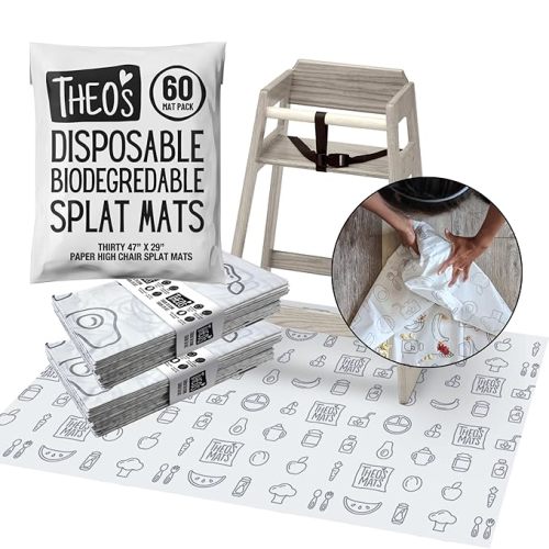 30 Pack | Disposable Splat Mats | Biodegradable + Compostable | THEO'S MATS | Under Highchair Splat Mat for Floor | Baby Led Weaning Supplies | (THEO001)