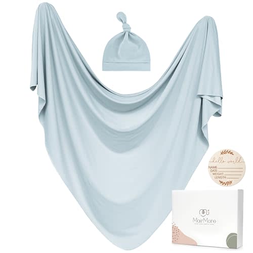 MairMore Baby Swaddle Receiving Blankets with Matching Beanie Set Newborn Nursery Swaddle Wrap for Baby Girls and Boys (Blue)