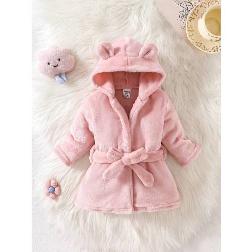 Baby Girl Coral Fleece Long Sleeve Hooded Bathrobe With Tie Newborn Baby Girl Clothes For Winter Newborn Baby Girl Clothes Warm | SHEIN USA