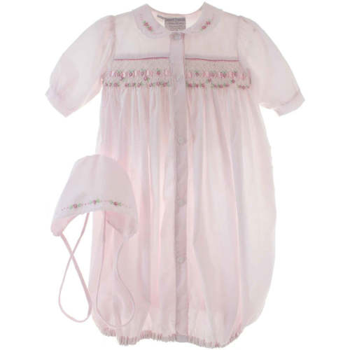 Girls Pink Take Home Gown Bonnet Set Ribbon Smocking | Friedknit by Feltman
