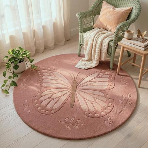 Premium Round Pink Butterfly Rug - Hand-Tufted Wool Rug,Soft Accent Area Rug for Girl's Room, Living Room Decor, Botanical Butterfly Design