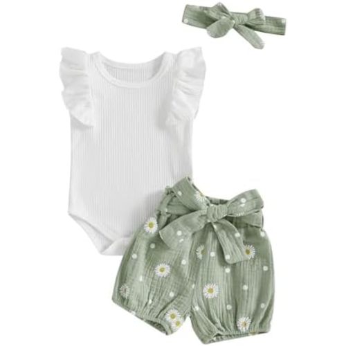 Kaipiclos Newborn Infant Girl Clothes Rib Knit Romper Daisy Print Shorts Headband Baby Summer Clothes 0 3 6 12 18 24 Months