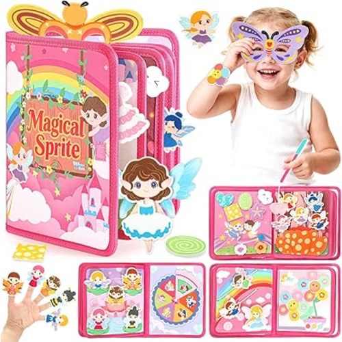 22 in 1 Busy Book for Toddlers 1-3, Sprite Montessori Toys for 1 Year Old with Fishing Game, Soft Sensory Toddler Busy Board, Airplane Travel Toys, Birthday Gifts for 1 2 Year 18 month Old Girl