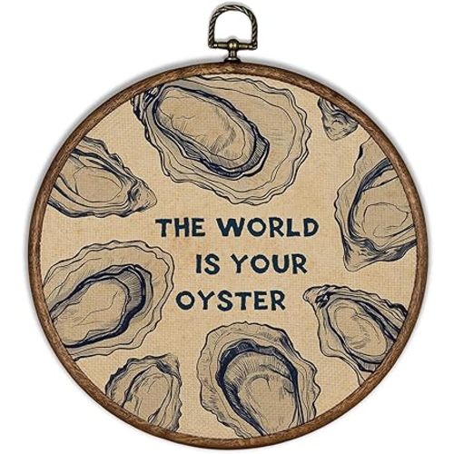 XBBMGG Oyster Wall Art Decor, Coastal Vintage Oyster Shell Round Wall Hanging Decor, Beach Ocean Nautical The World Is Your Oyster Framed Canvas Prints for Living Room Bathroom Decorations, 10x10inch
