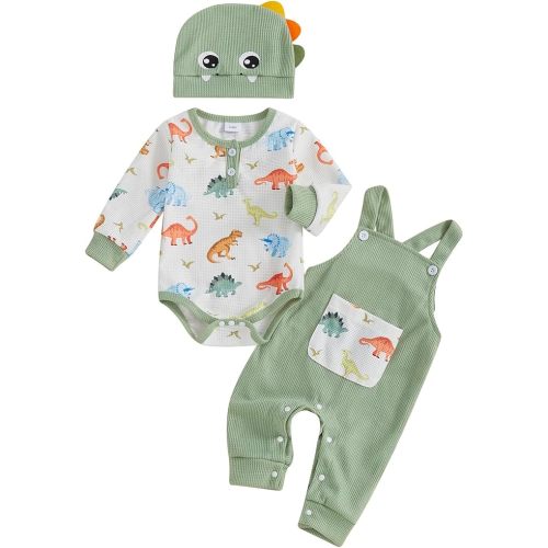 Dcohmch Newborn Baby Boy Dinosaur Outfit Long Sleeve Romper + Overalls Long Pants + Cute Hat Infant Fall Spring Clothes