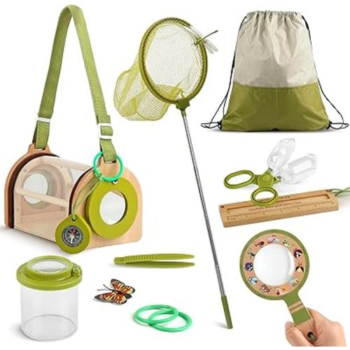 Wooden Bug Catcher Kit for Kids -11Pcs Bug Catching Kit Outdoor Explorer Kit with Carry Bag, Butterfly Net and Other Adventure Sets for Garden Backyard Camping, Gift for Toddlers Girls Boys 3-12