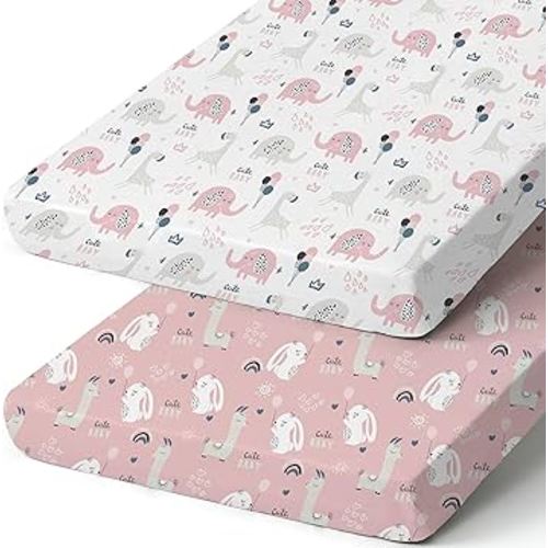 Pack n Play Sheets, BROLEX 2 Pack Mini Crib Sheets,Stretchy Portable Fitted Playard Sheet Set, Convertible Playard Mattress Cover,Ultra Soft Breathable Material,Elephant&Rabbit