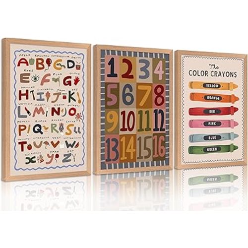 VZKRHPGA 3Pcs Baby Boy Nursery Wall Art Colorful Crayon Letters And Numbers Painting Picture Wall Decor Bohemian Style Nursery Poster Print Artwork for Kids Boys Room Bedroom Decorate, Framed
