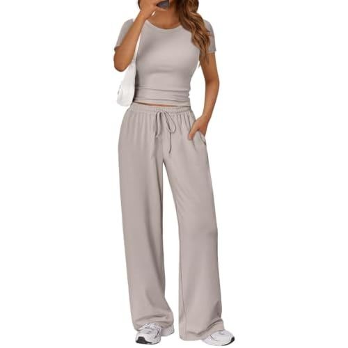 Trendy Queen 2 Piece Matching Summer Sweatsuit Lounge Set Womens Wide Leg Pants Side Ruching Crop Top Sets