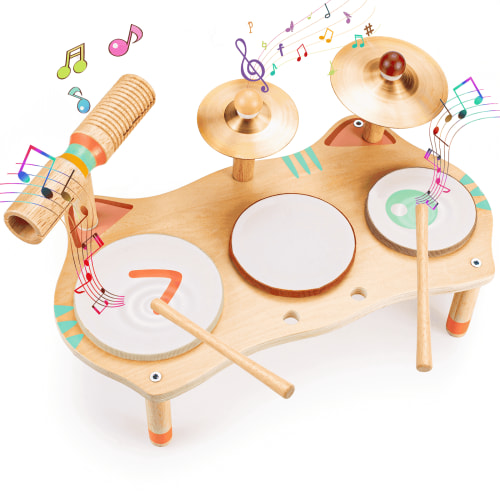 OATHX Toddler Drum Set Montessori Musical Instruments Wooden Music Toys for Kids Sensory Preschool Learn Drum Kit Birthday Gifts