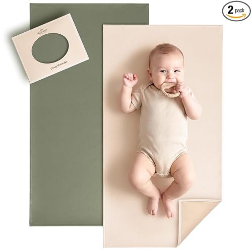 Konssy Faux Leather Waterproof Baby Changing Mat 2 Pack, Regular, 30"x17" | Wipeable & Foldable, Portable Diaper Changing Pad, Fits Diaper Bags for Travel, Home And on-The-Go Use (Fog Green,Beige)