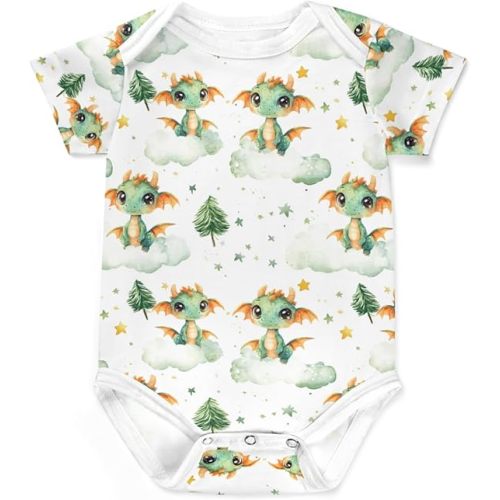 Fairytale Dragon Green Trees Baby Bodysuits Cute Dragons Moon Cloud Stars Pine Baby Romper Bodysuit