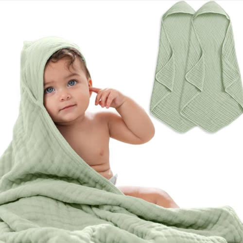 Comfy Cubs Hooded Baby Towel 2-Pack, Large 32 x 32 Inch - 6 Layer 100% Muslin Cotton for Babies, Toddlers and Kids - Soft & Absorbent Baby Bath Towels - Unisex Design for Bath Time - Sage