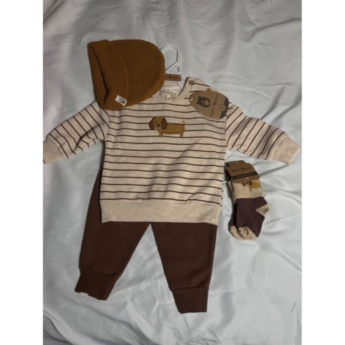Wild and Vivian Baby 4 Piece Outfit Set Brown Stripe Dachshund