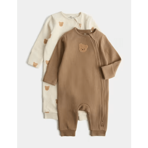 2 Pack Cotton Blend Bear Sleepsuits (0-3 Yrs)
