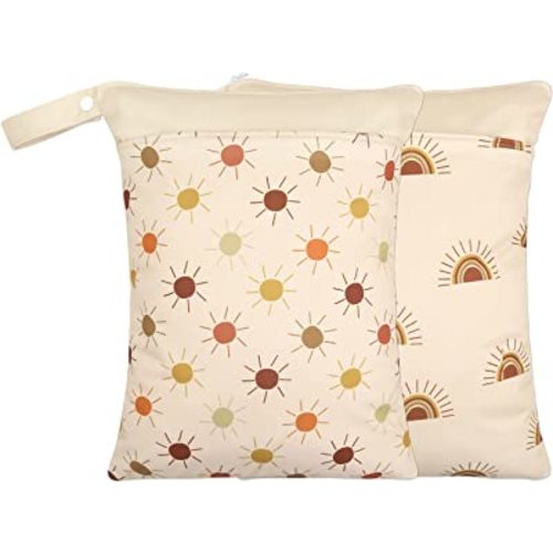 2 Pack Wet Dry Bags for Baby Cloth Diapers&Breast Pump Parts, Waterproof Reusable Wet Bag with Two Zippered Pockets & Handle, Beach Pool Gym Bag Stroller Yoga Toiletries Daycare Organizer for Swimsuit Wet Clothes, 11.8 inch x 15.7inch