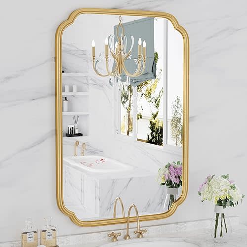 Gold Bathroom Mirror for Wall 20" x 30" Modern Rounded Corner Rectangle Mirror with Non-Rusting Iron Metal Framed Bathroom Vanity Mirror for Over Sink Wall Decor(Horizontal/Vertical)