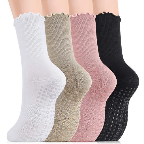 Bocaoying 4 Pairs Pilates Socks with Grips for Women, Non Slip Cotton Yoga Socks Grippy, Cute Ruffle Grip Socks for Yoga Pilates Barre Hospital (Size 6-9)